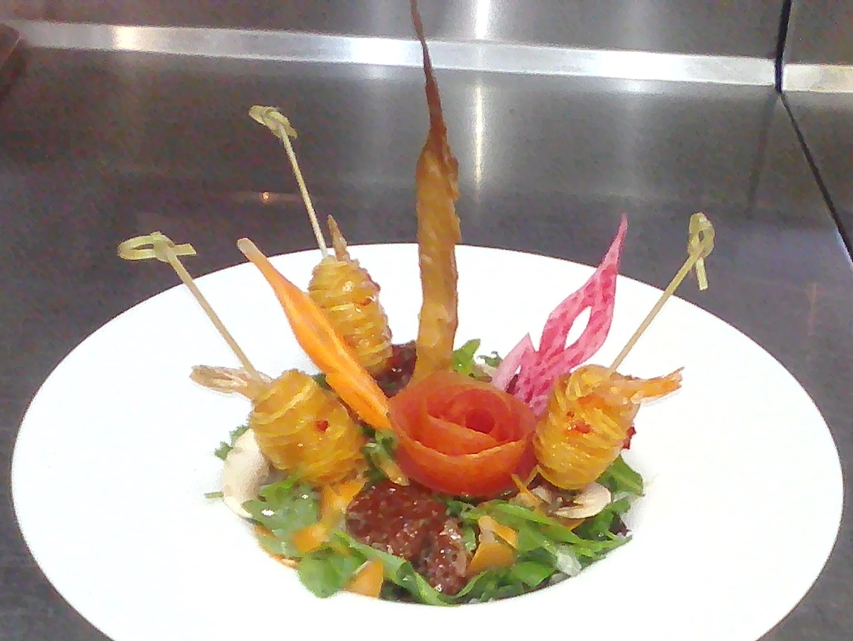 Restaurant Piment vert Cap d'Agde Brochette Crevettes Salade
